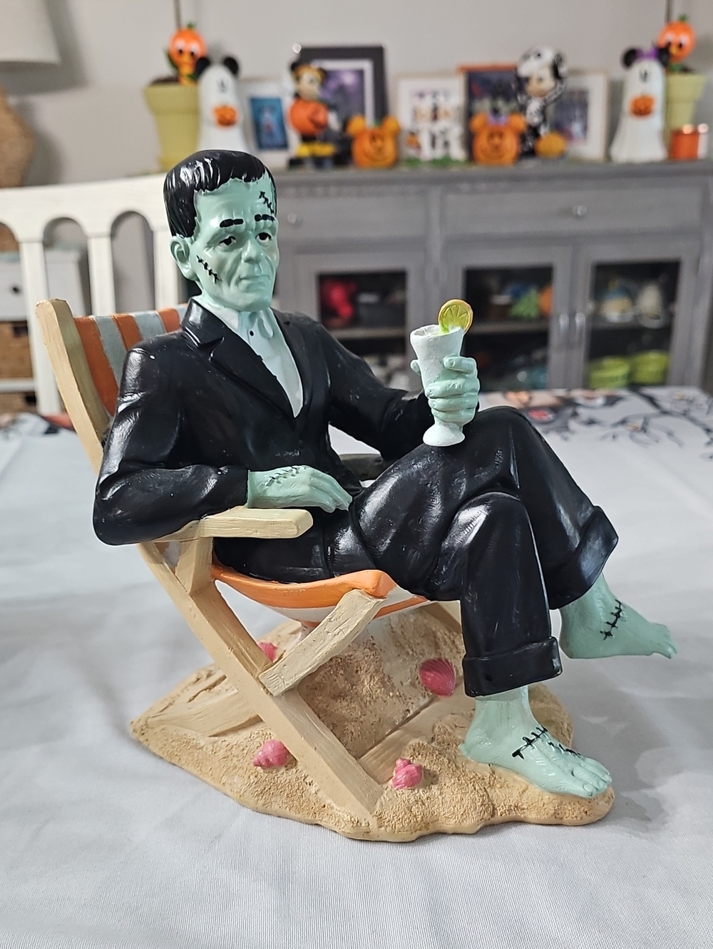 New! Halloween Frankenstein in Beach Chair with Feet in Sand Holding Cocktail